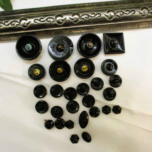 ANTIQUE Faceted French Jet Buttons: VICTORIAN Edwardian Black Glass Button Lot - Picture 8 of 12
